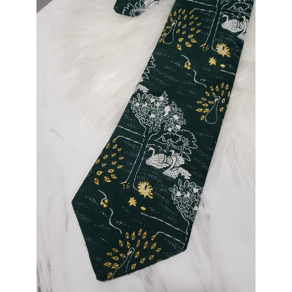 Vintage 70s Wide Tie Folk‎ Art Peacock Swan Green Statement Necktie Mens Green